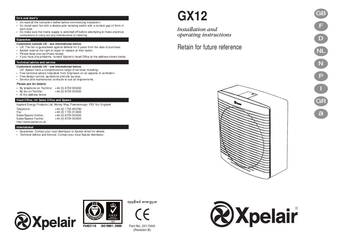 Guide utilisation  APPLIED ENERGY GX12  de la marque APPLIED ENERGY