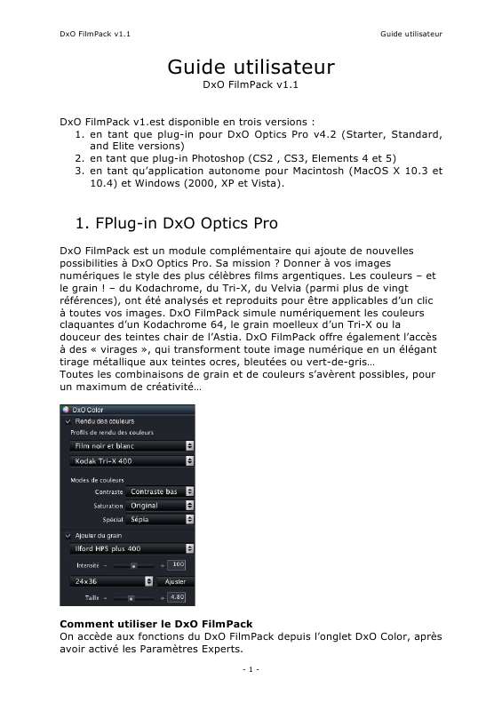 Guide utilisation  DXO FILMPACK V1.1  de la marque DXO