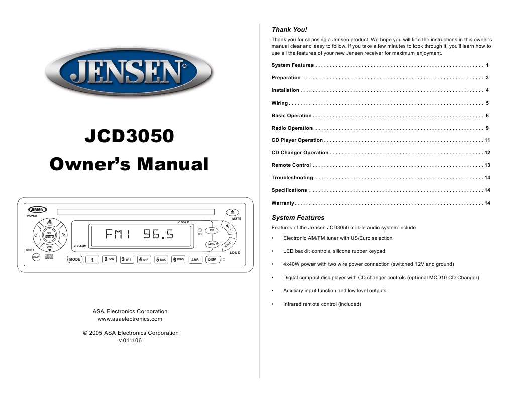 Guide utilisation  JENSEN VOYAGER JCD3050  de la marque JENSEN VOYAGER