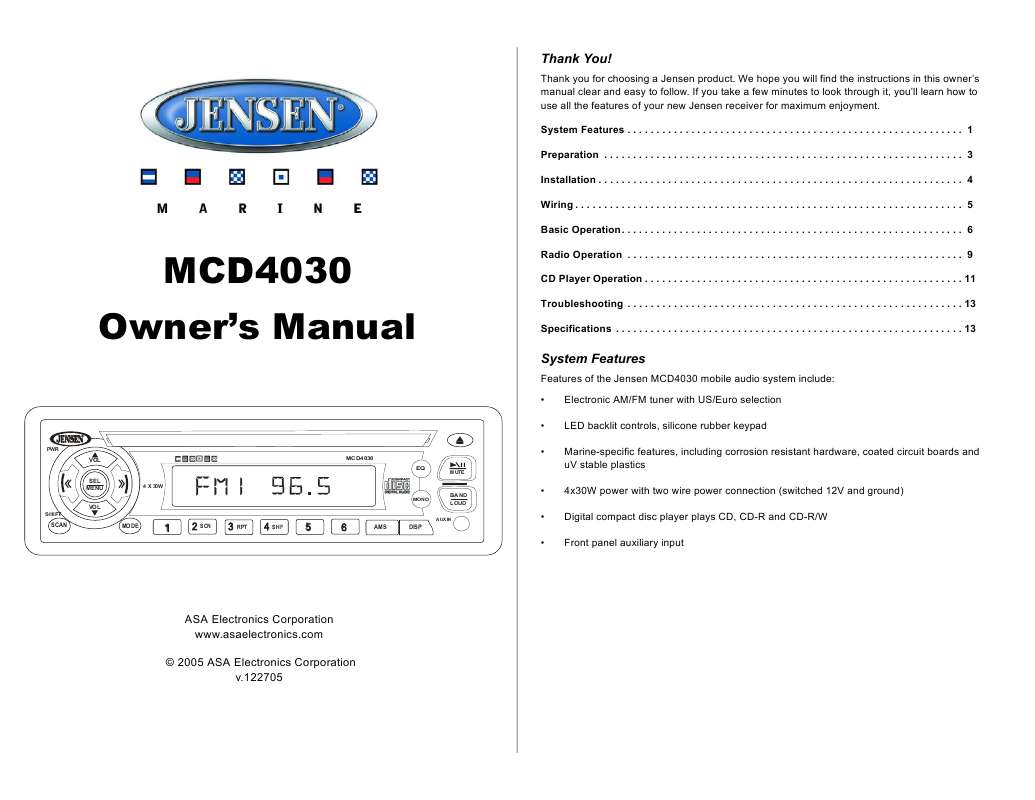 Guide utilisation  JENSEN VOYAGER MCD4030  de la marque JENSEN VOYAGER