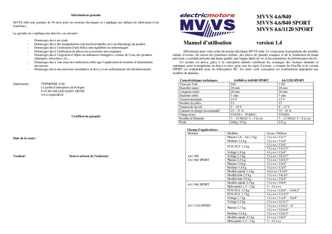 Guide utilisation  MVVS 4.6-840 SPORT  de la marque MVVS