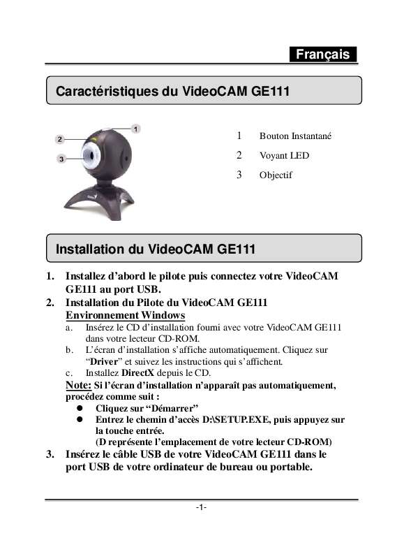 Guide utilisation  GENUIS VIDEOCAM GE111  de la marque GENUIS