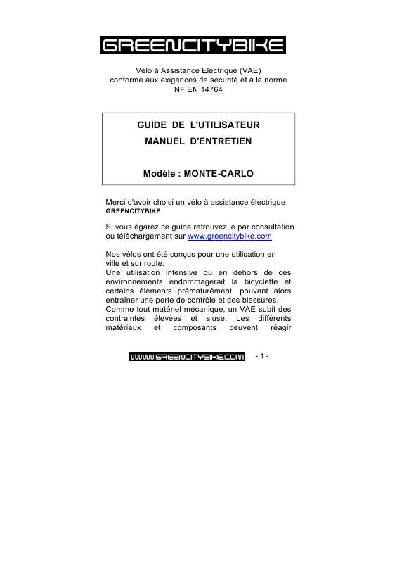 Guide utilisation  GREENCITYBIKE MONTE CARLO  de la marque GREENCITYBIKE