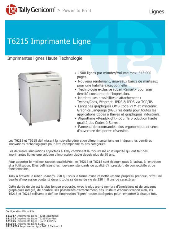 Guide utilisation  TALLYGENICOM T6215  de la marque TALLYGENICOM