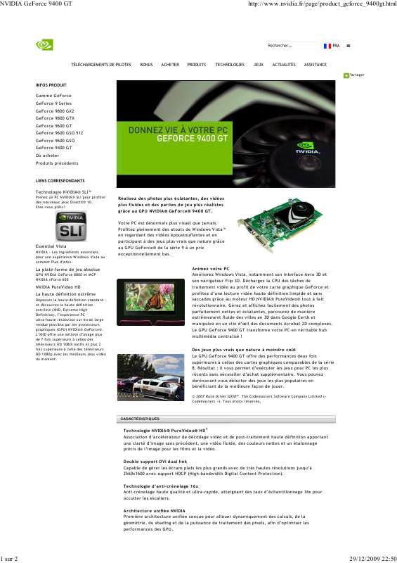 Guide utilisation NVIDIA GEFORCE 9400 GT  de la marque NVIDIA