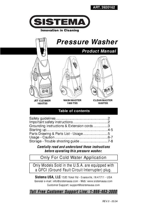 Guide utilisation  SISTEMA WASH MASTER 1600 TSS  de la marque SISTEMA