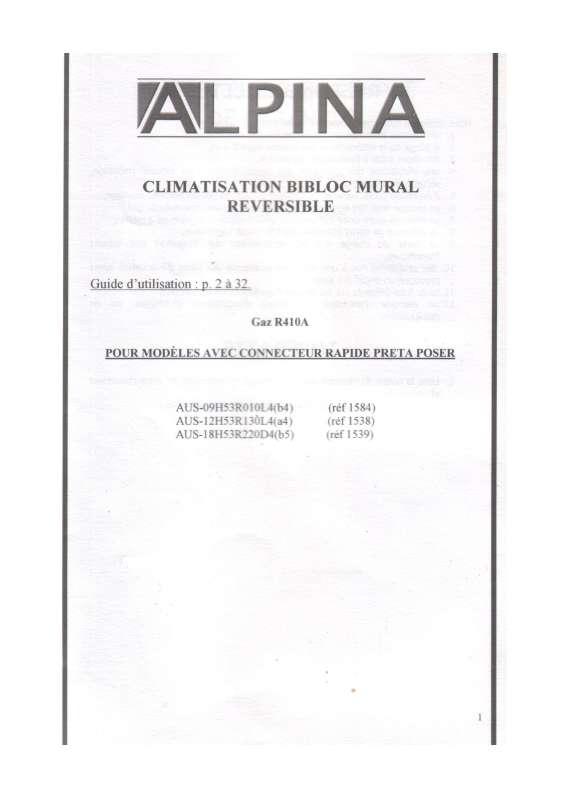 Guide utilisation  ALPINA CLIMATISATION GAZ R410A  de la marque ALPINA CLIMATISATION