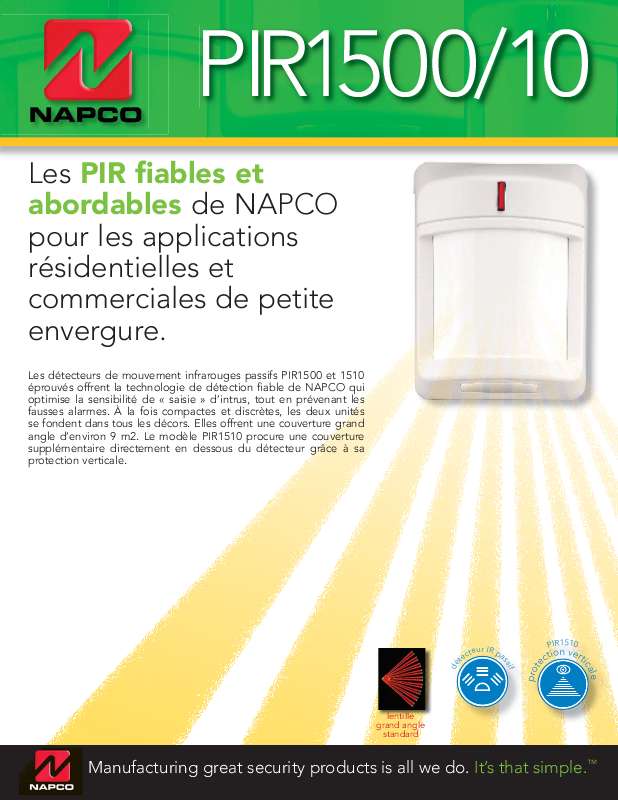 Guide utilisation  NAPCO PIR 1500-10  de la marque NAPCO