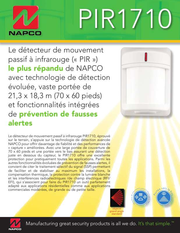 Guide utilisation  NAPCO PIR 1710  de la marque NAPCO