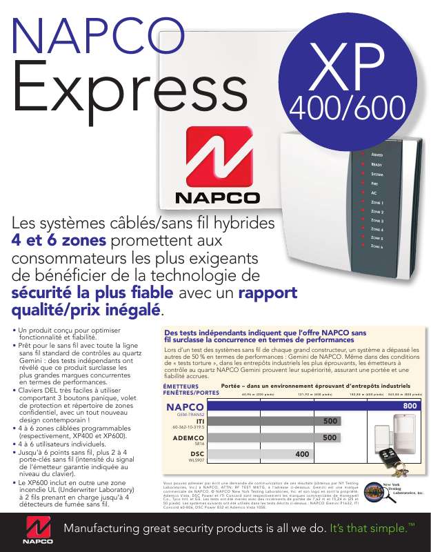 Guide utilisation  NAPCO XP 400  de la marque NAPCO