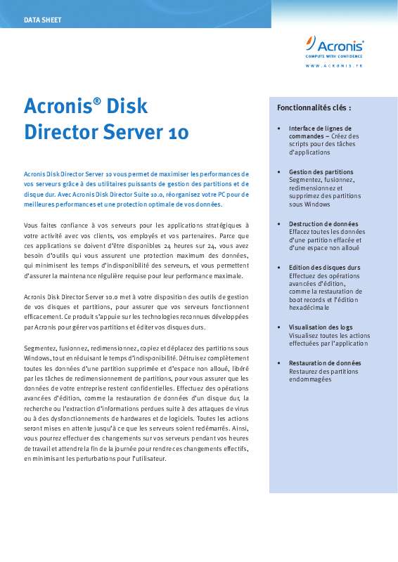 Guide utilisation  ACRONIS DISK DIRECTOR SERVER 10  de la marque ACRONIS