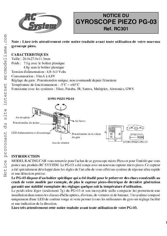 Guide utilisation  RC SYSTEM GYROSCOPE PIEZO PG-03 RC301  de la marque RC SYSTEM