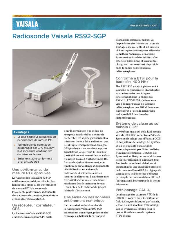 Guide utilisation  VAISALA RS92-SGP  de la marque VAISALA