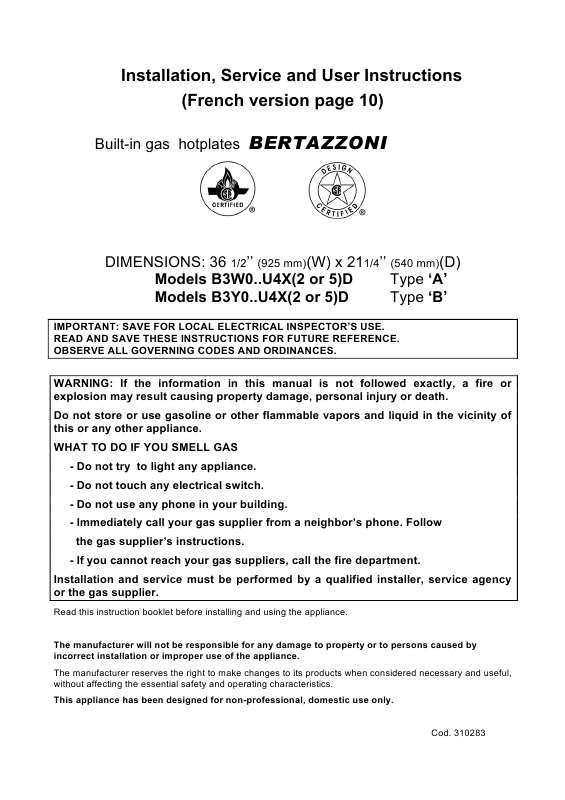 Guide utilisation  BERTAZZONI MODELS B3W0..U4X(2 OR 5)D  de la marque BERTAZZONI