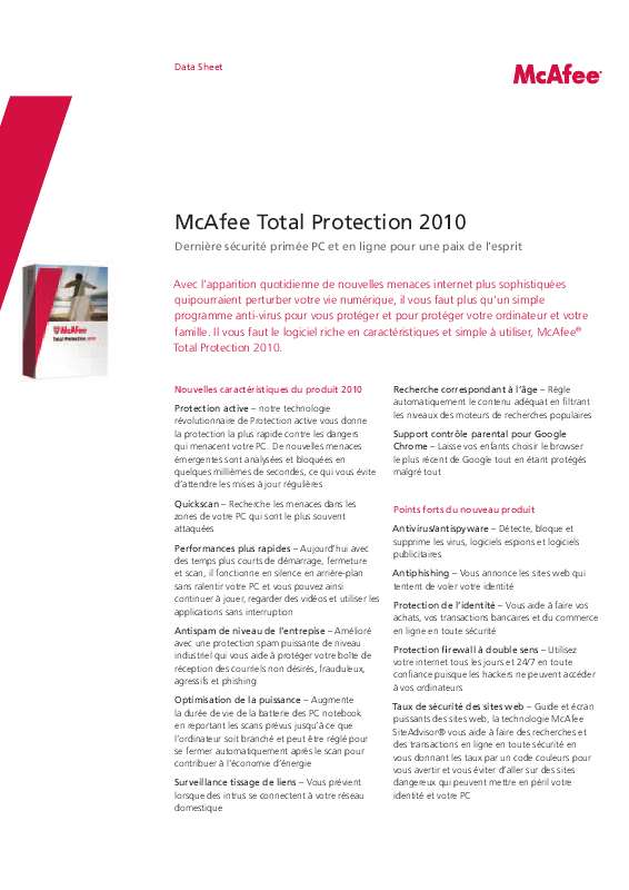 Guide utilisation  MCAFEE TOTAL PROTECTION 2010  de la marque MCAFEE