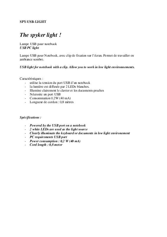 Guide utilisation  SPYKER SPY-USB-LIGHT  de la marque SPYKER