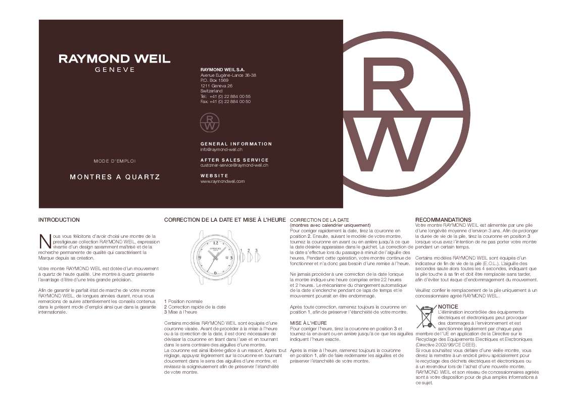 Guide utilisation  RAYMOND WEIL QUARTZ  de la marque RAYMOND WEIL