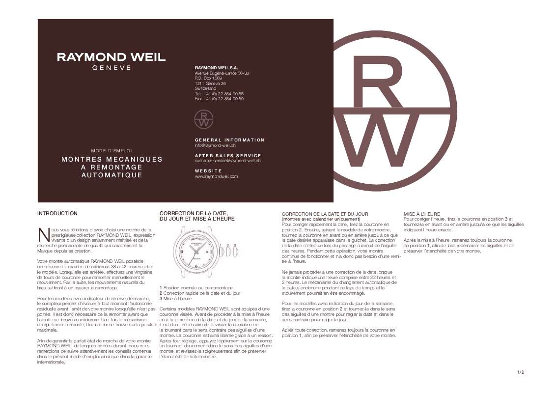 Guide utilisation  RAYMOND WEIL SELF-WINDING MECHANICAL WATCHES  de la marque RAYMOND WEIL