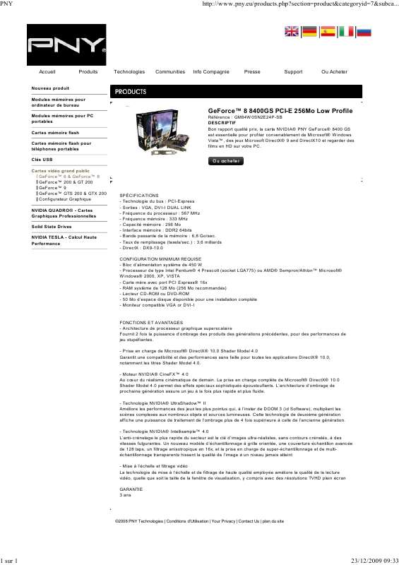Guide utilisation PNY GEFORCE 8400GS PCI-E LOW PROFILE  de la marque PNY