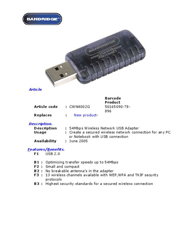 Guide utilisation  BANDRIDGE NETWORK USB ADAPTOR  de la marque BANDRIDGE