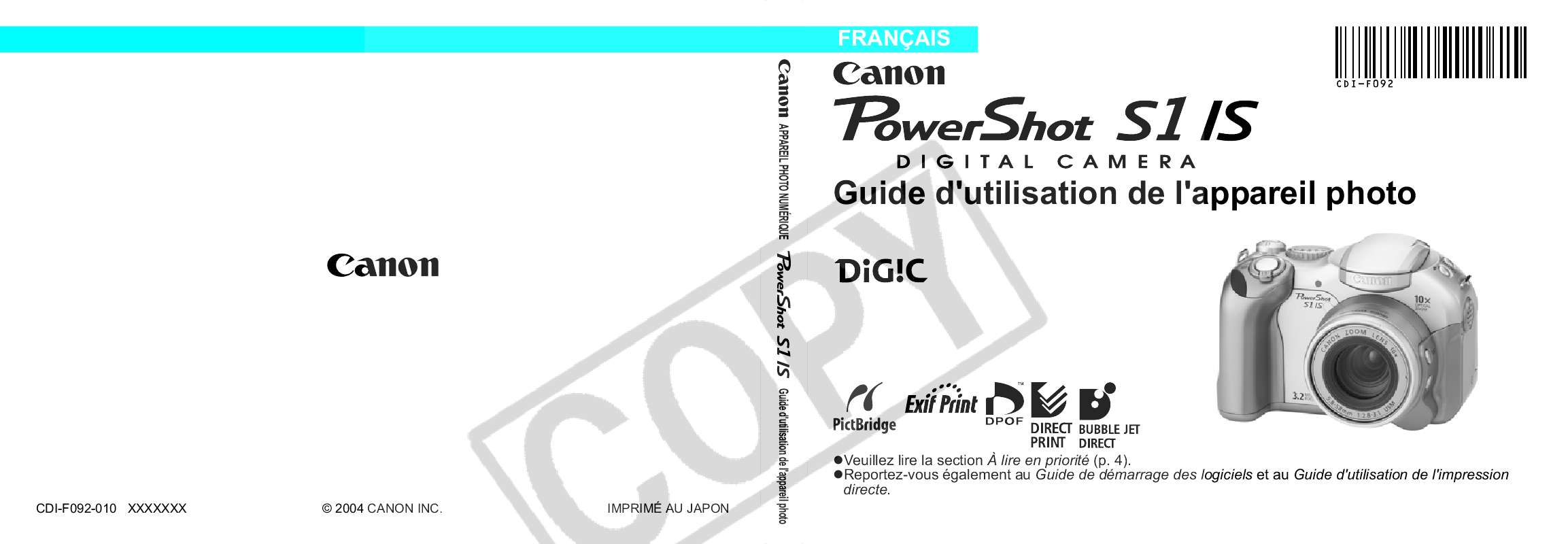 Guide utilisation CANON POWERSHOT S1IS  de la marque CANON