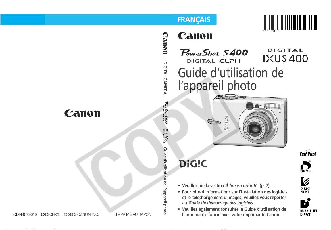 Guide utilisation CANON POWERSHOT S 400 DIGITAL ELPH  de la marque CANON