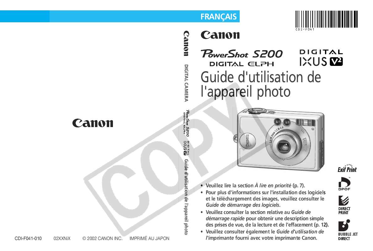 Guide utilisation CANON POWERSHOT S200  de la marque CANON