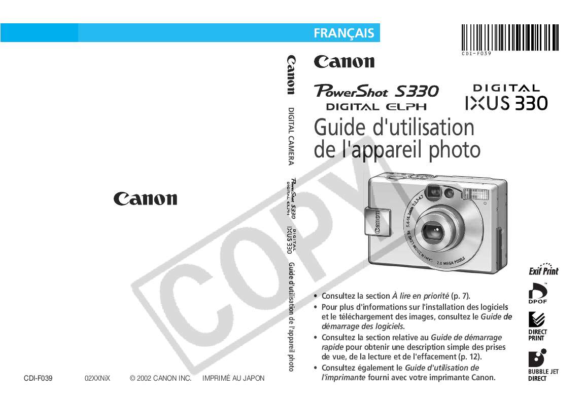Guide utilisation CANON POWERSHOT S330  de la marque CANON