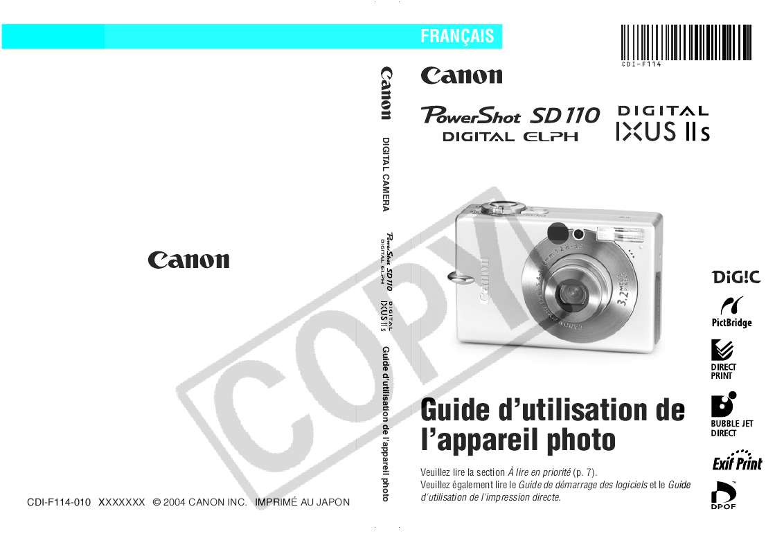 Guide utilisation CANON POWERSHOT SD110  de la marque CANON