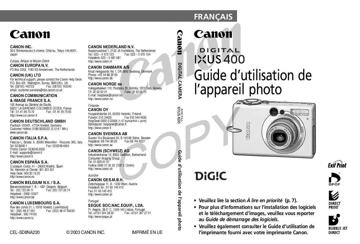 Guide utilisation CANON DIGITAL IXUS 400  de la marque CANON