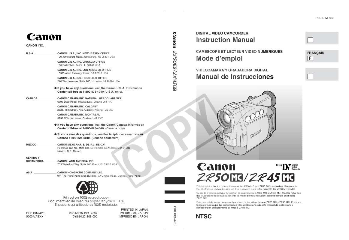 Guide utilisation CANON ZR45 MC  de la marque CANON