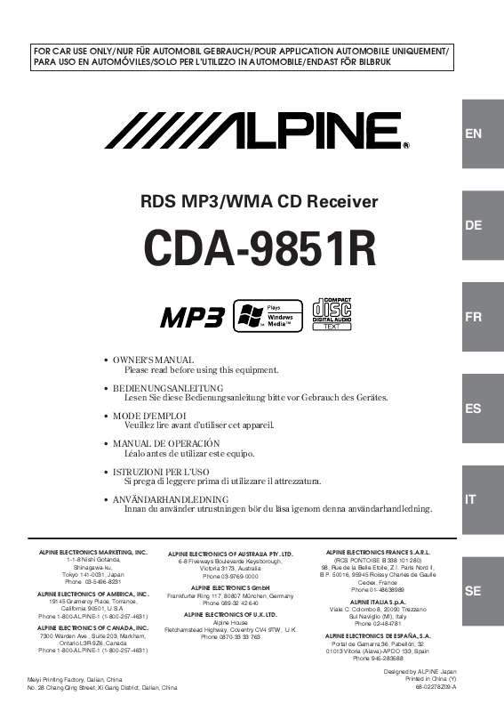 Guide utilisation ALPINE CDA-9851R  de la marque ALPINE