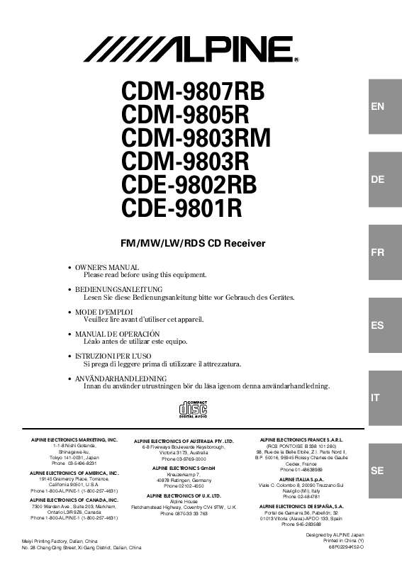 Guide utilisation ALPINE CDE-9802RB  de la marque ALPINE
