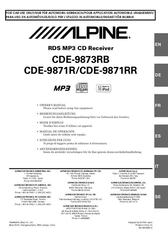 Guide utilisation ALPINE CDE-9871R  de la marque ALPINE