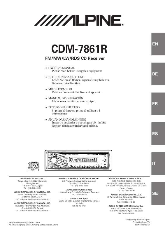 Guide utilisation ALPINE CDM-7861R  de la marque ALPINE