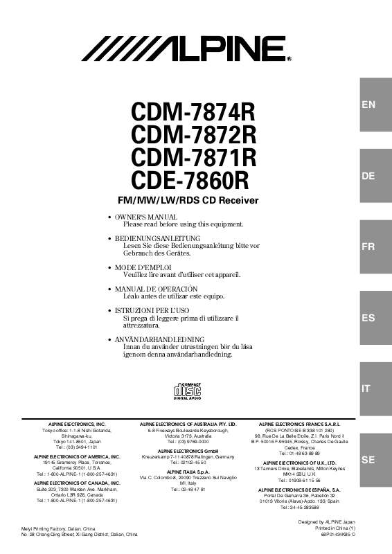 Guide utilisation ALPINE CDM-7871R  de la marque ALPINE
