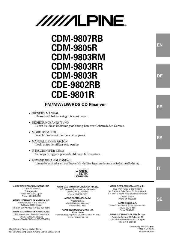 Guide utilisation ALPINE CDM-9803RR  de la marque ALPINE