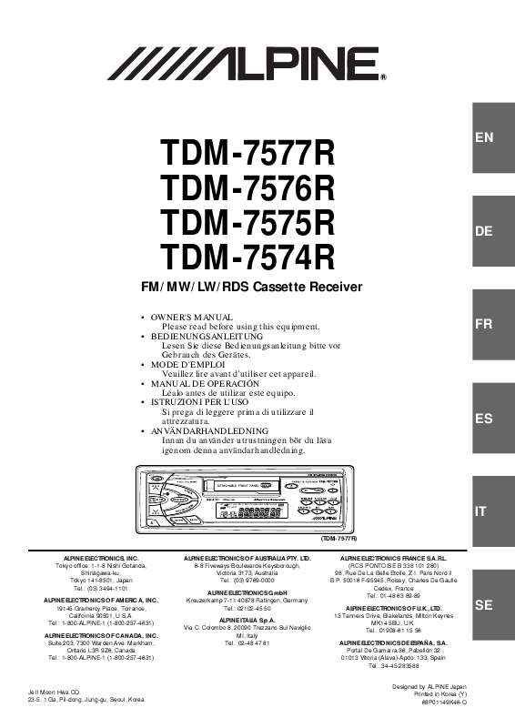 Guide utilisation ALPINE TDM-7574R  de la marque ALPINE