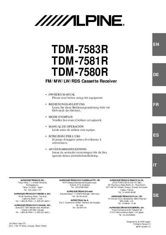 Guide utilisation ALPINE TDM-7580R  de la marque ALPINE