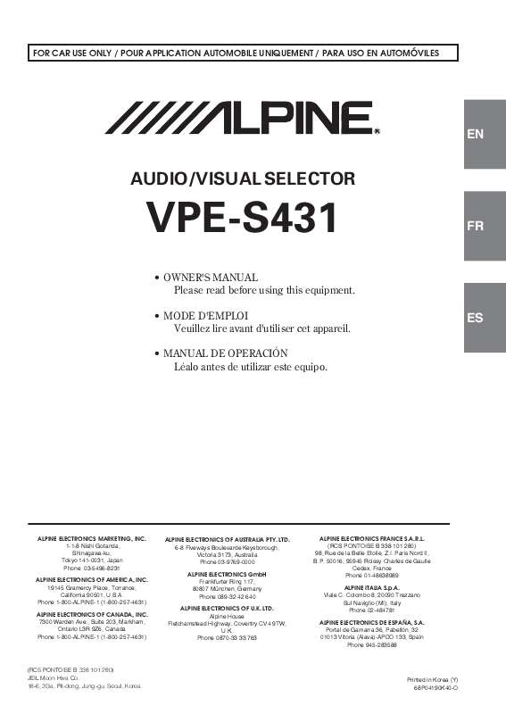 Guide utilisation ALPINE VPE-S431  de la marque ALPINE