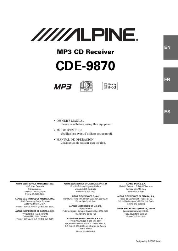 Guide utilisation ALPINE CDE-9870  de la marque ALPINE