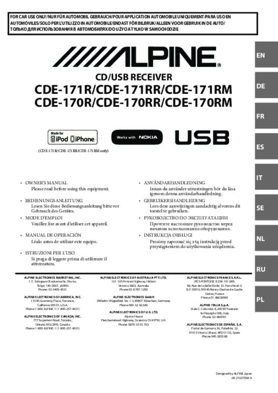 Guide utilisation ALPINE CDE-170RM  de la marque ALPINE