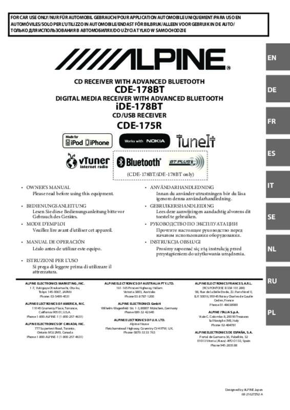 Guide utilisation ALPINE IDE-178BT  de la marque ALPINE