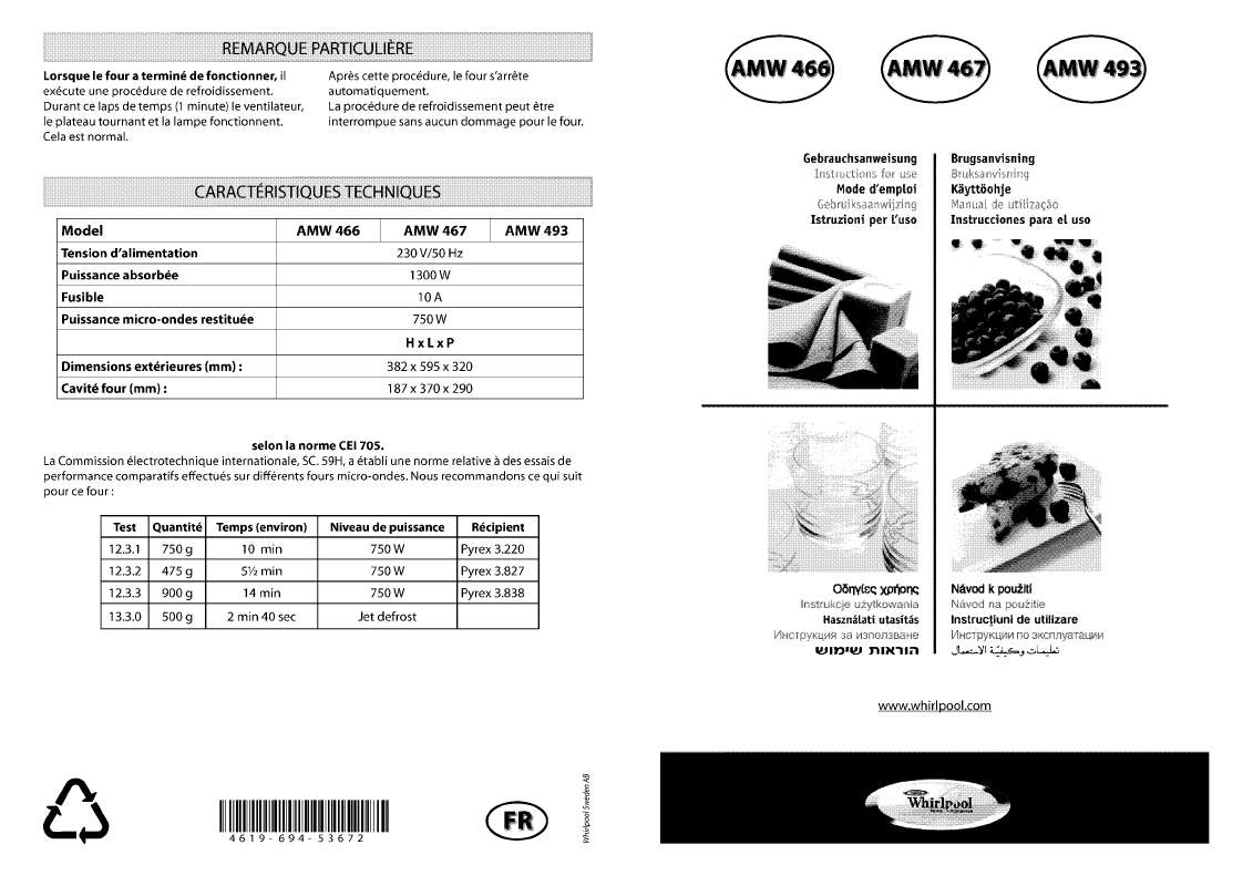 Guide utilisation WHIRLPOOL AMW 466 IX  - MODE D'EMPLOI de la marque WHIRLPOOL