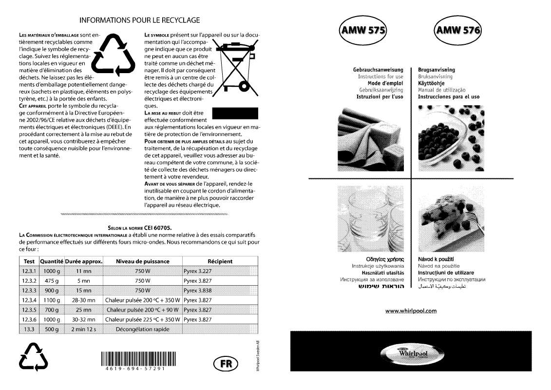 Guide utilisation WHIRLPOOL AMW 575 IX  - MODE D'EMPLOI de la marque WHIRLPOOL
