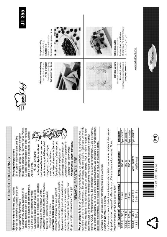 Guide utilisation WHIRLPOOL JT 355 BLACK  - MODE D'EMPLOI de la marque WHIRLPOOL
