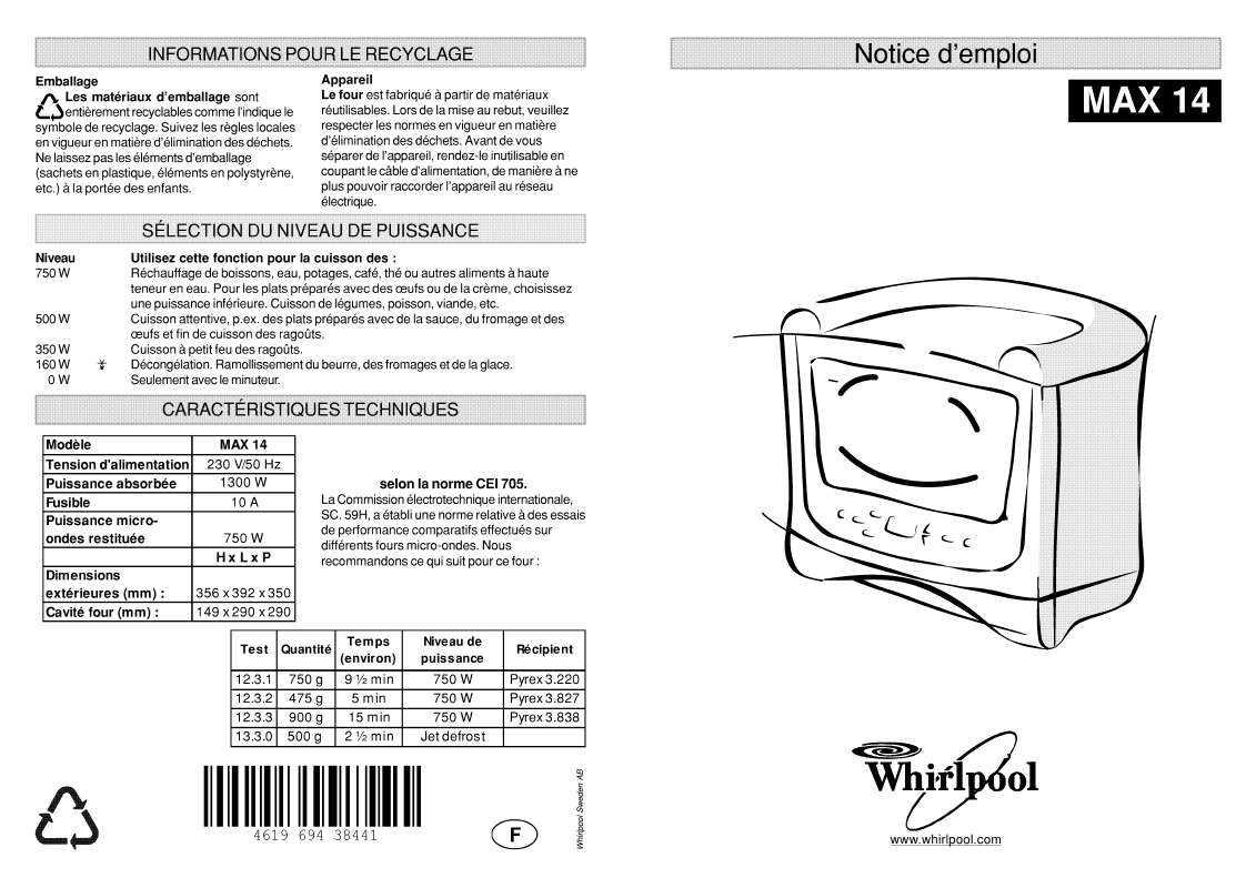 Guide utilisation WHIRLPOOL MAX 14 WH D  - MODE D'EMPLOI de la marque WHIRLPOOL