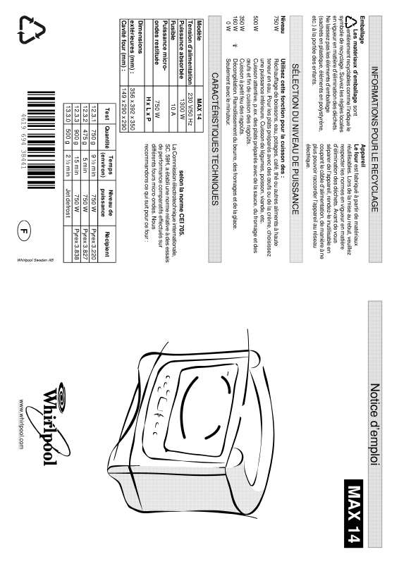 Guide utilisation WHIRLPOOL MAX 14/AB  - MODE D'EMPLOI de la marque WHIRLPOOL