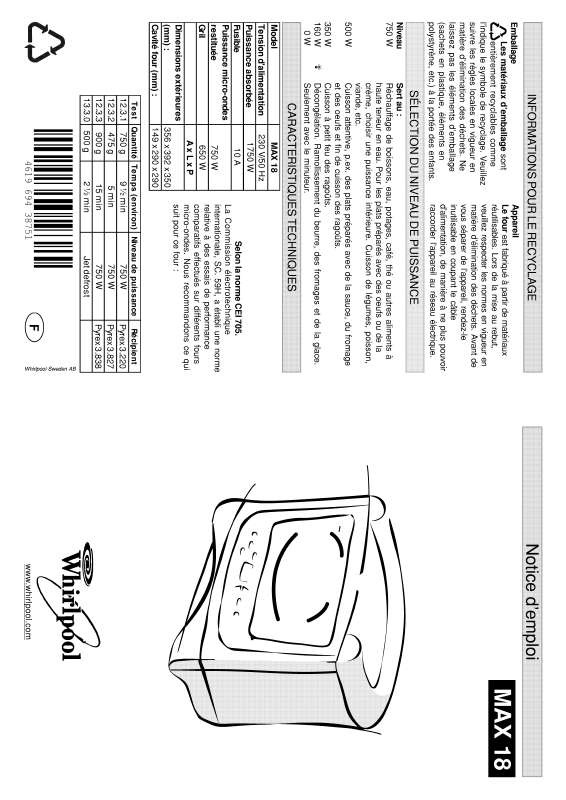 Guide utilisation WHIRLPOOL MAX 18 WH D  - MODE D'EMPLOI de la marque WHIRLPOOL