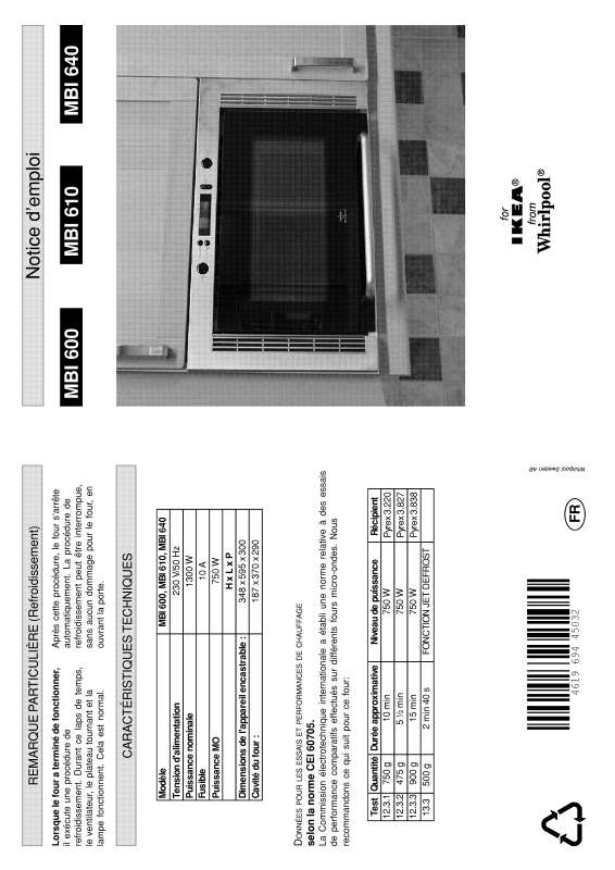 Guide utilisation WHIRLPOOL MBI 610 AN  - MODE D'EMPLOI de la marque WHIRLPOOL
